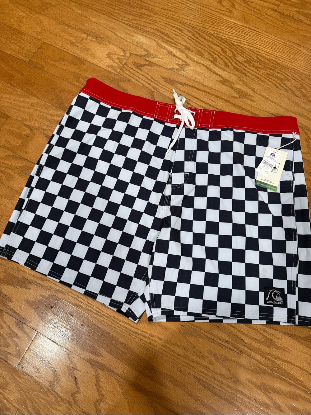 Quiksilver Black & White Checkerboard Swim Shorts with Red Waistband